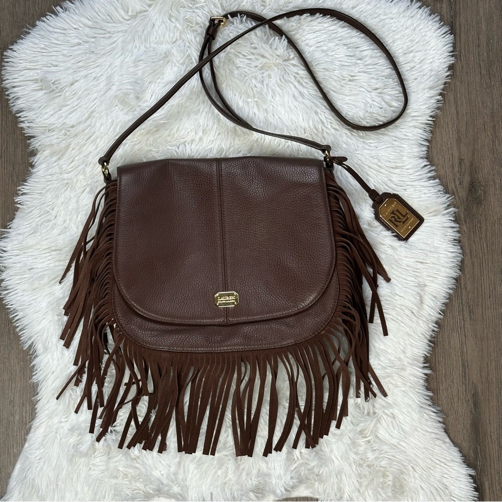 Lauren Ralph Lauren Leather Cobden Saddle Messenger Bag with Fringe | Brown
